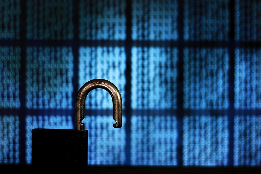 opened padlock in front of binary code blocks background. cyberspace computer security breached. internet hacker cyber war reached privacy data server. insecure internet connection. stealing data.