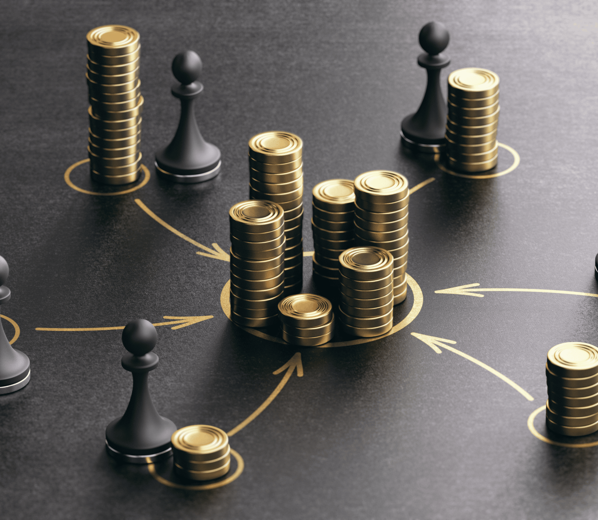 Money and chess pieces moving together toward the center representing strategic funding for subscription business