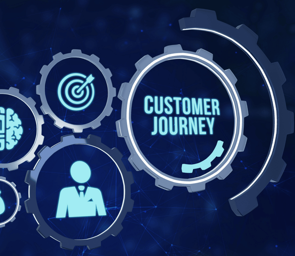 A futuristic graphic of gears with the words Customer Journey written on the largest gear, on a dark blue background.