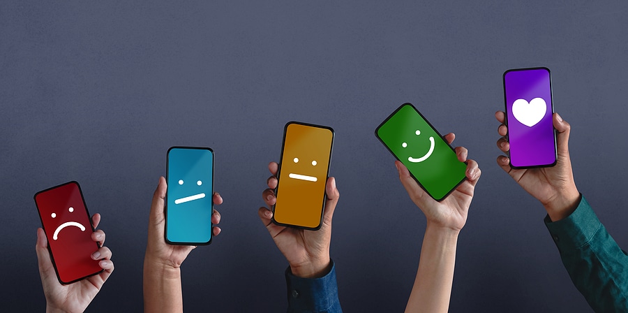 Customer Experiences Concept. Group of Diversity People Giving Feedback via Mobile Phone, from Negative to Positive Review. Poor to Excellent. Client\'s Satisfaction Surveys on Mobile Phone