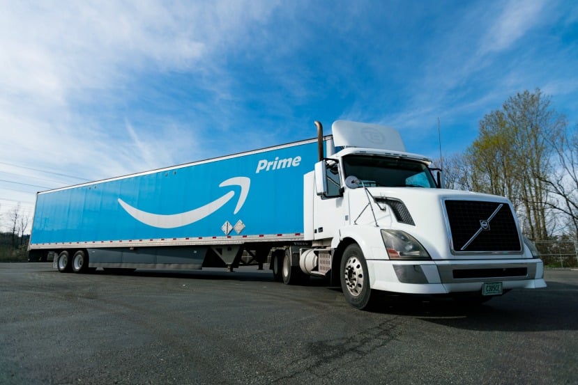 Blue Semi trailer with Amazon logo