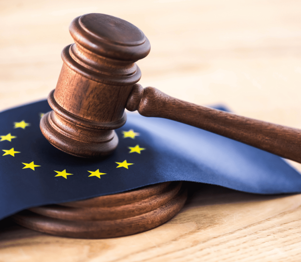 European Union under a gavel, signifying the passage of the EU's new Digital Services Act.