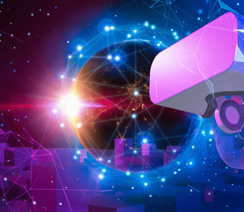 Pink VR headset on blue and purple background