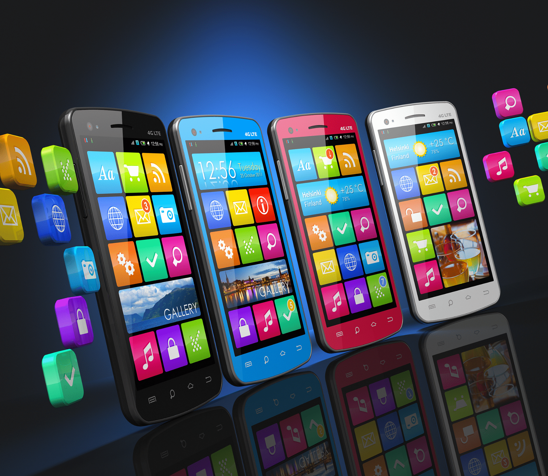 Smartphones displaying colorful array of mobile apps on blue background