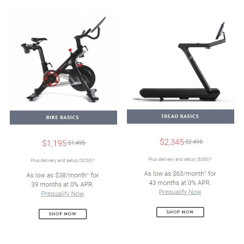 Peloton shares current, discounted pricing for its basic bike and treadmill.