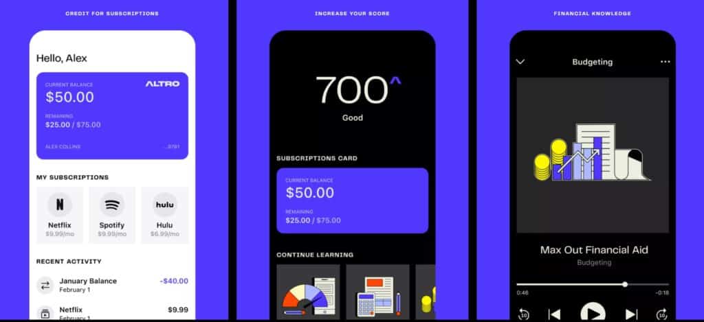 Screenshots of the Altro app, including credit for subscriptions, increasing credit scores and financial knowledge tools.