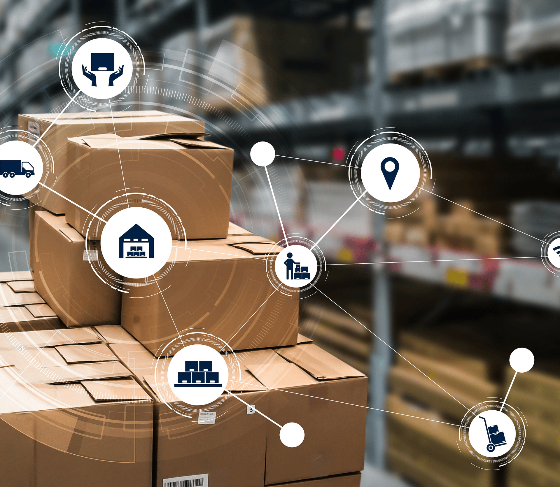 Connected, automated inventory management and delivery simulated on warehouse background