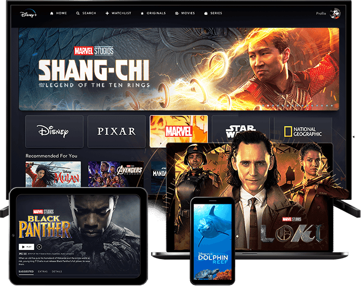 Disney+ hero featuring select programming images from its direct-to-consumer subscription service displayed on various devices.