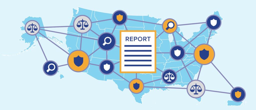 United States map with privacy shields, magnifying glasses, the scales of justice and a report in the center, indicating the 3K law enforcement agencies the FTC reports fraud to