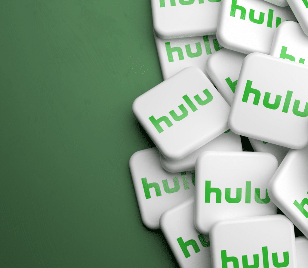 Hulu logo displayed on buttons, stacked on top of each other on green background