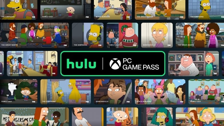 Hulu and PC Game Pass logos on top of selected images from Hulu shows including The Great North, The Simpsons, Family Guy and Bob's Burgers.