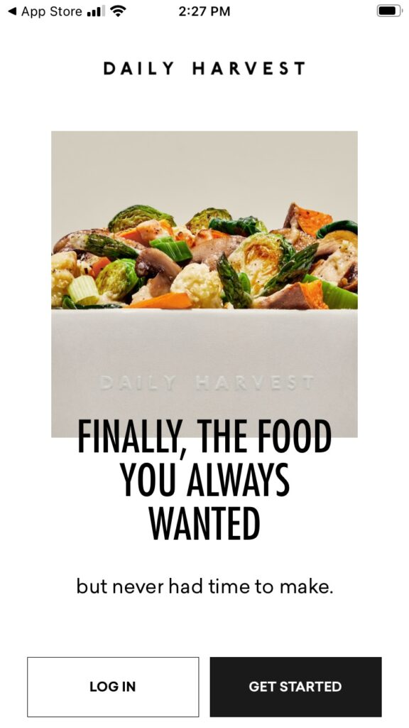 A bowl of freshly grilled vegetables with the Daily Harvest logo at the top and "Finally, the food you always wanted but never had time to make" at the bottom.