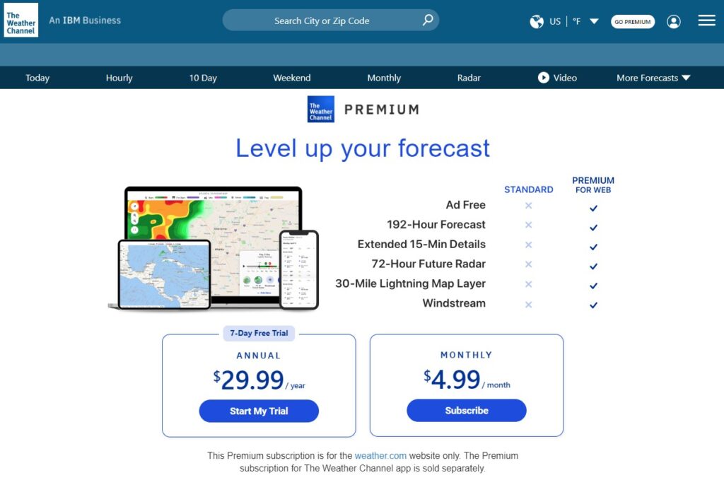 Screenshot of The Weather Channel Premium subscription offer with a list of features and laptop, tablet and app images.