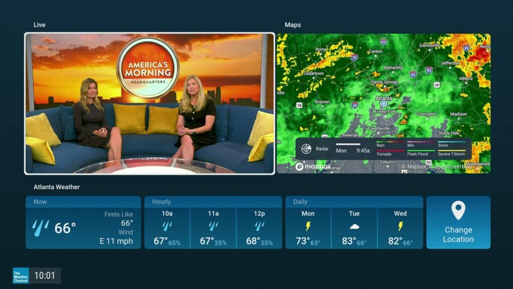 Screenshot of the livestream subscription app, featuring Atlanta weather, a map, and the American's Morning program.