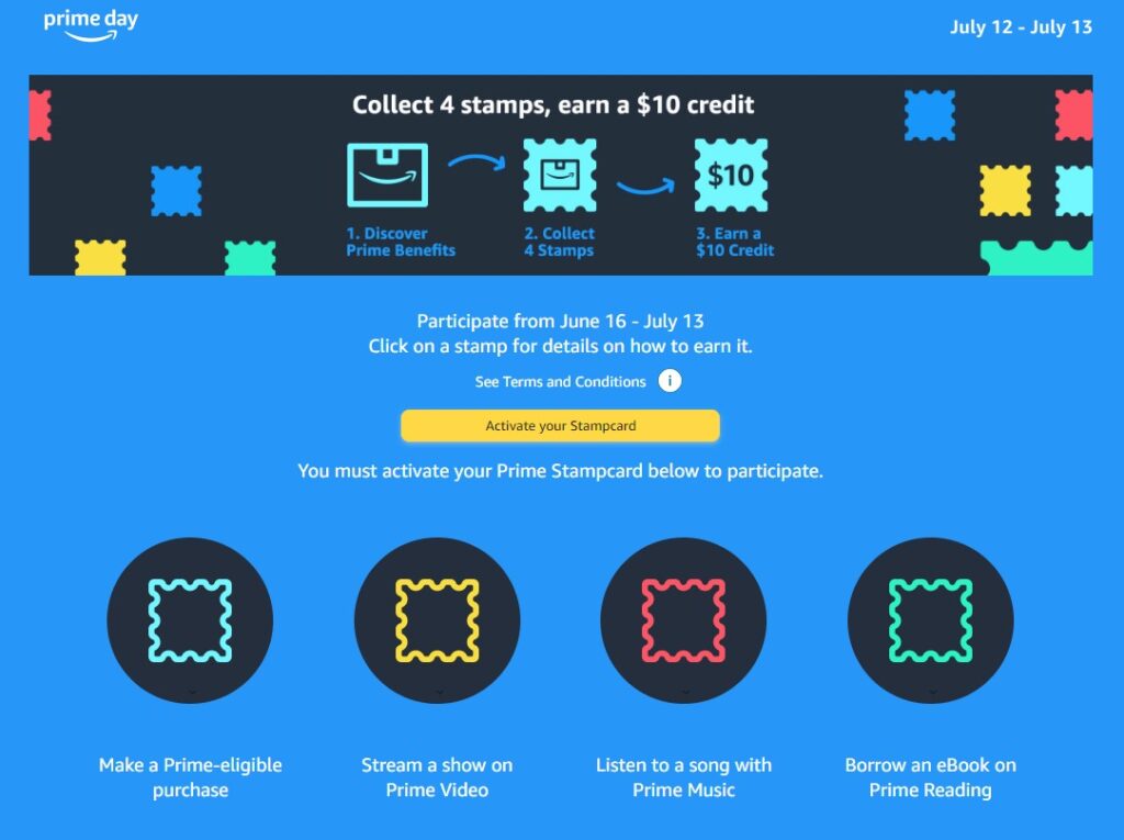 Visible depiction of Amazon's new Prime Stampcard loyalty program where Prime members collect digital stamps toward a $10 shopping credit by completing each of 4 activities.