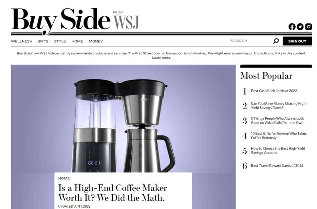 Screenshot of Buy Side by WSJ home page on June 23, 2022