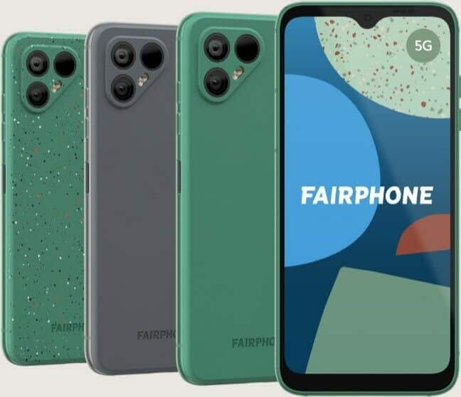 Four images of the Fairphone 4, a sustainable smartphone