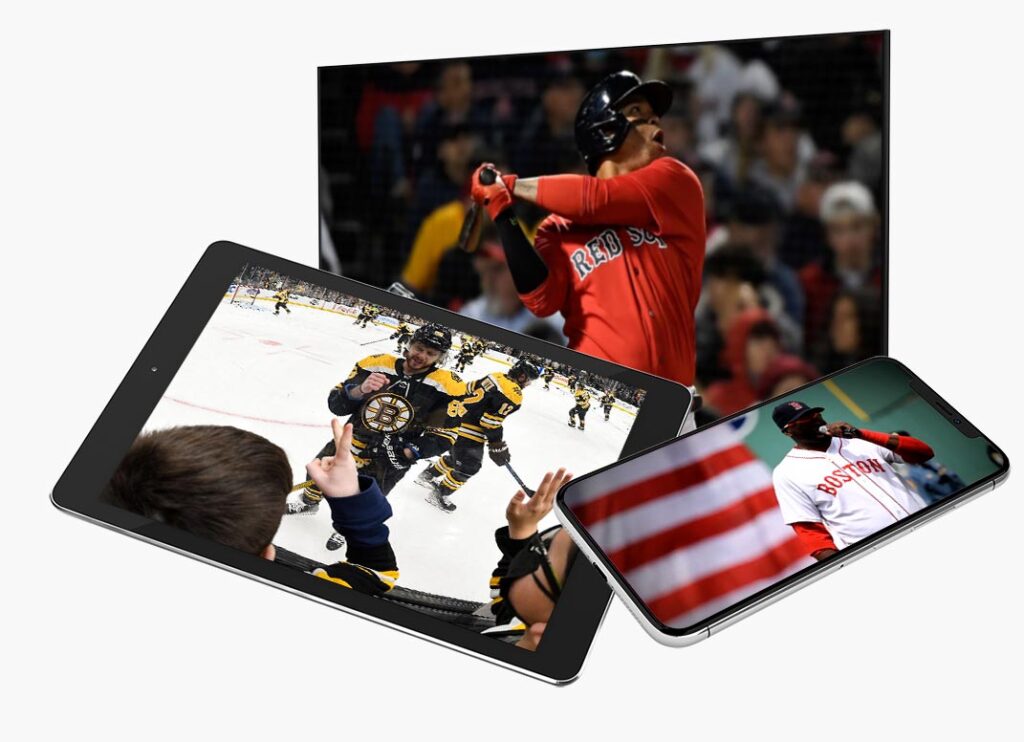 Boston Red Sox games and a Bruins game featured on a TV screen, tablet and smartphone