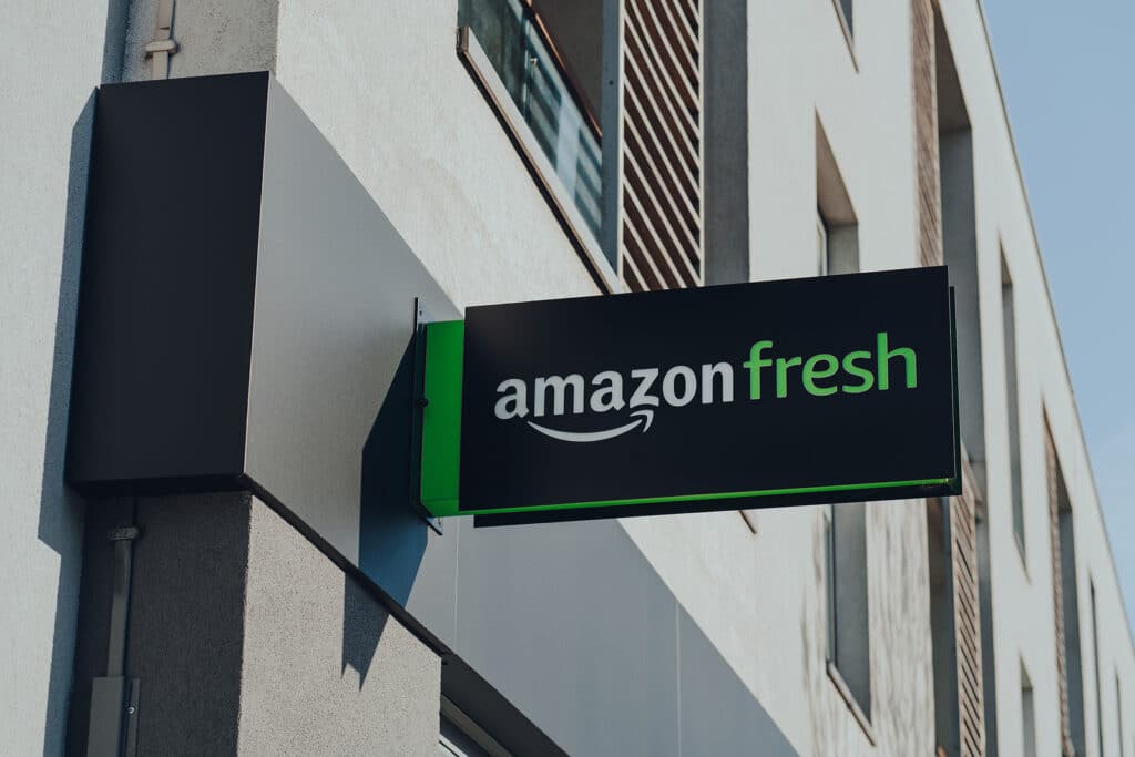 Sign outside Amazon Fresh store on Chalk Farm Road in Camden, London. Camden, is the fifth store to open in the city since March 2021.