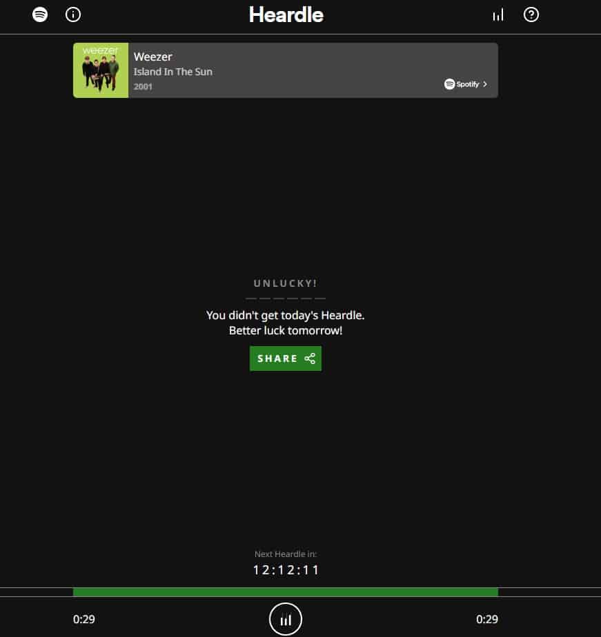 Screenshot of July 18's Heardle song