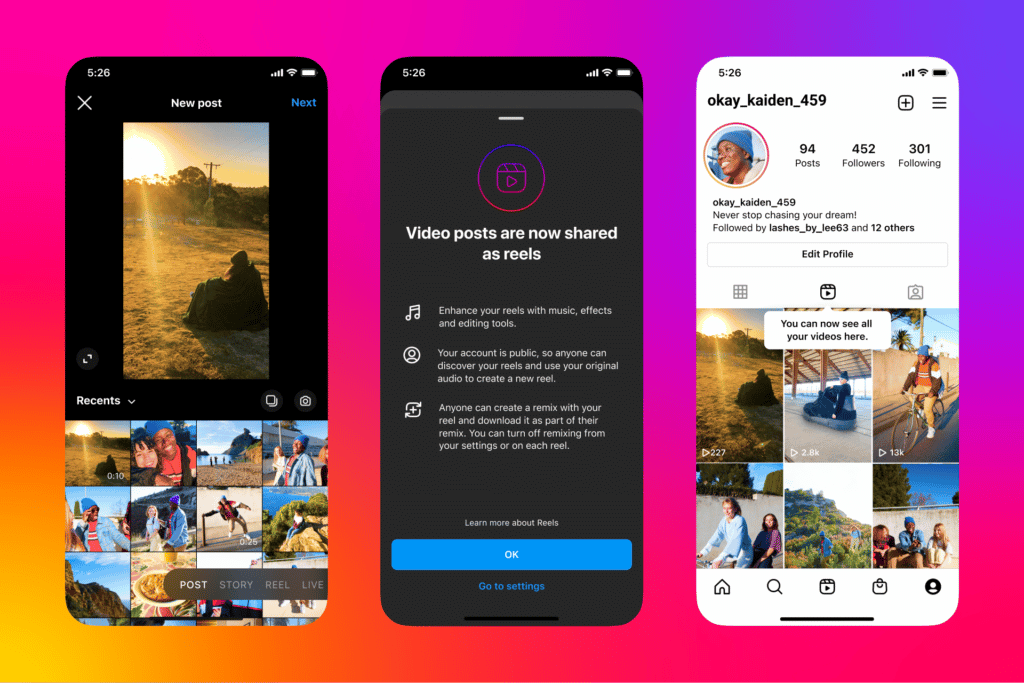 Three screenshots displaying howvideo posts will now be shared as Reels on Instagram.