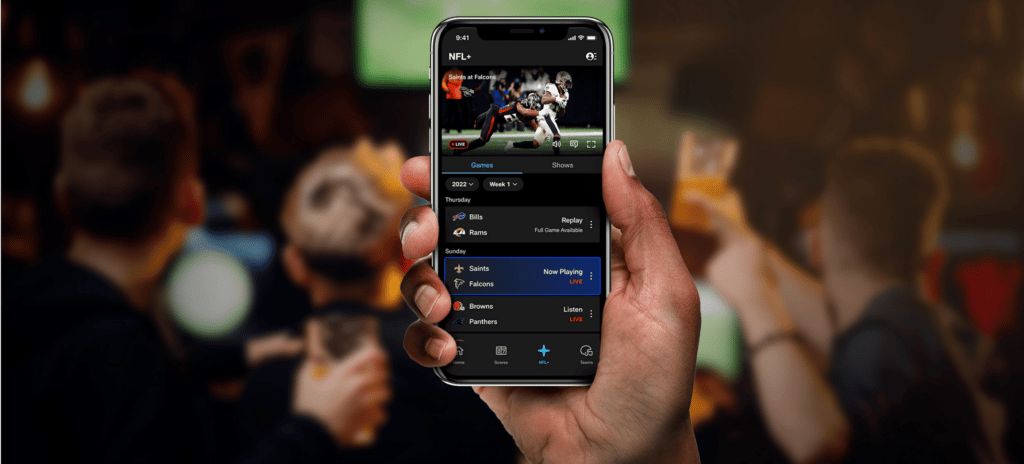 Screenshoot of an NFL+ subscriber watchin a live game between the Saints and Falcons on his smartphone.