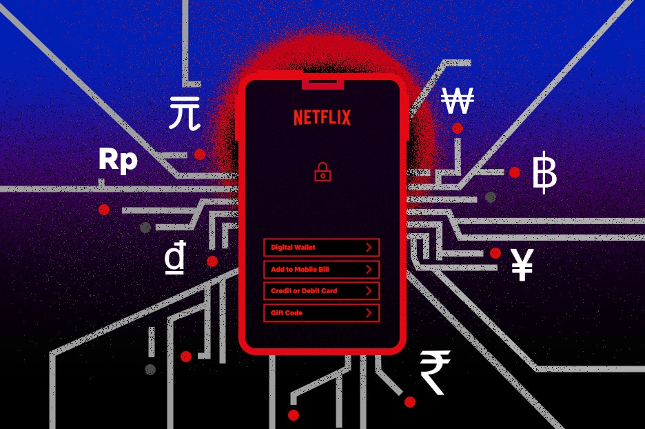 Graphic depiction of Netflix displayed on a smart phone with different payment options on a background with currency symbols from different countries.