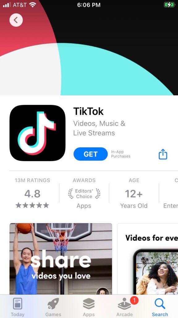 Screenshot of TikTok in App Store, July 5, 2022