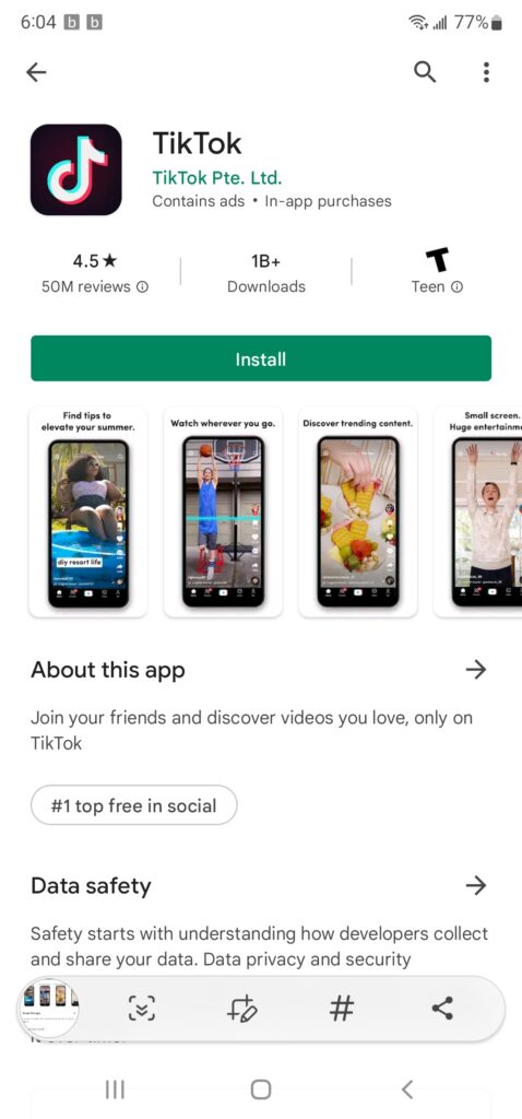 Screenshot of TikTok in Google Play Store, July 5, 2022