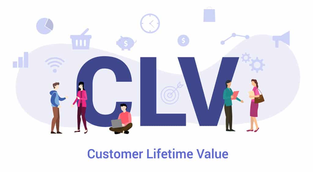 clv customer lifetime value concept with big word or text and team people with modern flat style - vector illustration