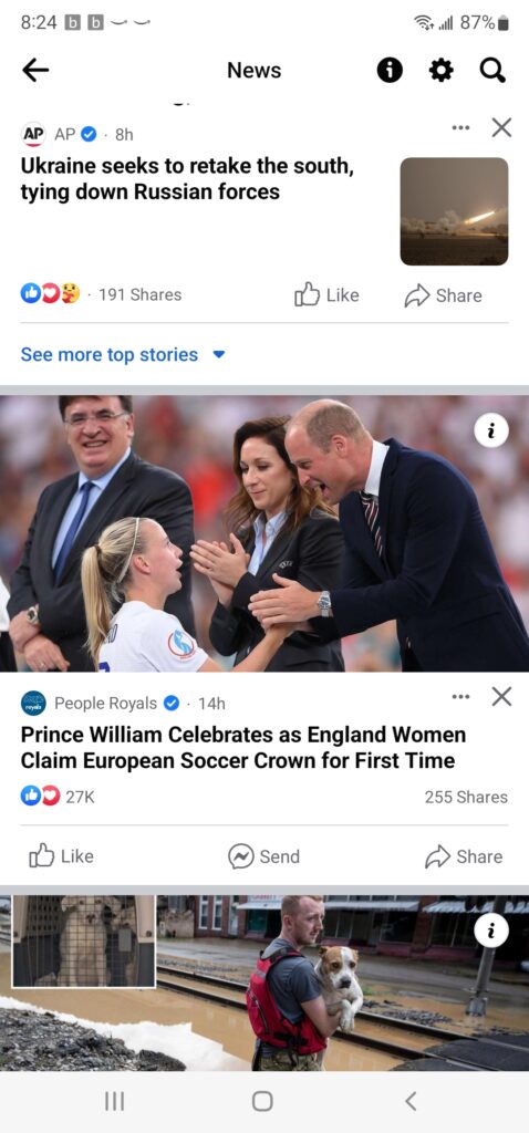 Screenshot of Facebook News tab as of 8:24 a.m. PDT 8/01/22, with Prince William headline for People Royals magazine.