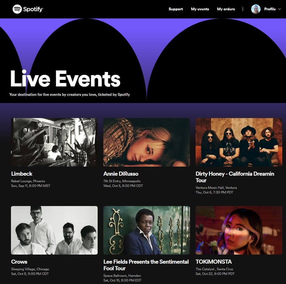 Screenshot of Spotify Tickets page, Aug. 18, 2022, showing six of the featured artists and events