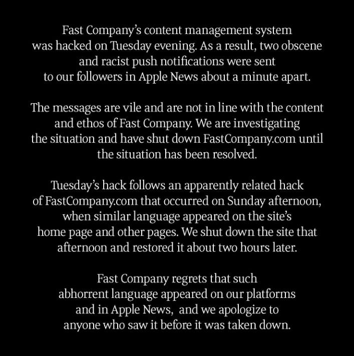 Statement from Fast Company about the data hack