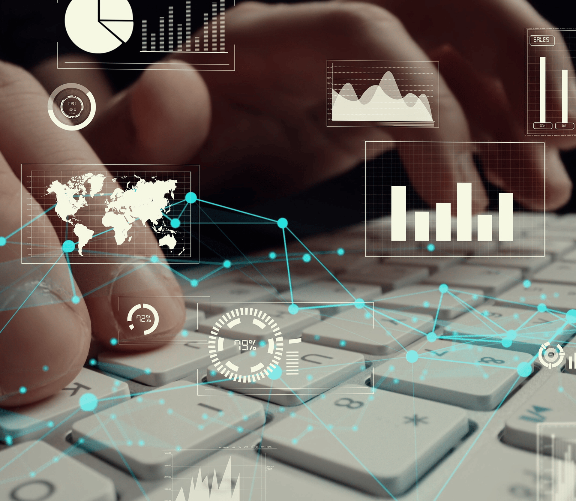 Creative visual of business big data and finance analysis on computer showing concept of statistical investment decision making methodology, fintech and financial engineering