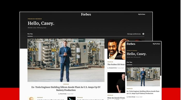Desktop and smartphone screenshots of the MyForbes experience for premium subscribers.