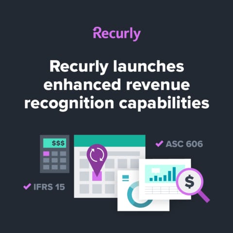 Vector images of a calculator, reports, magnifying glass and the words "Recurly launches enhanced revenue recognition capabilities" on black background.