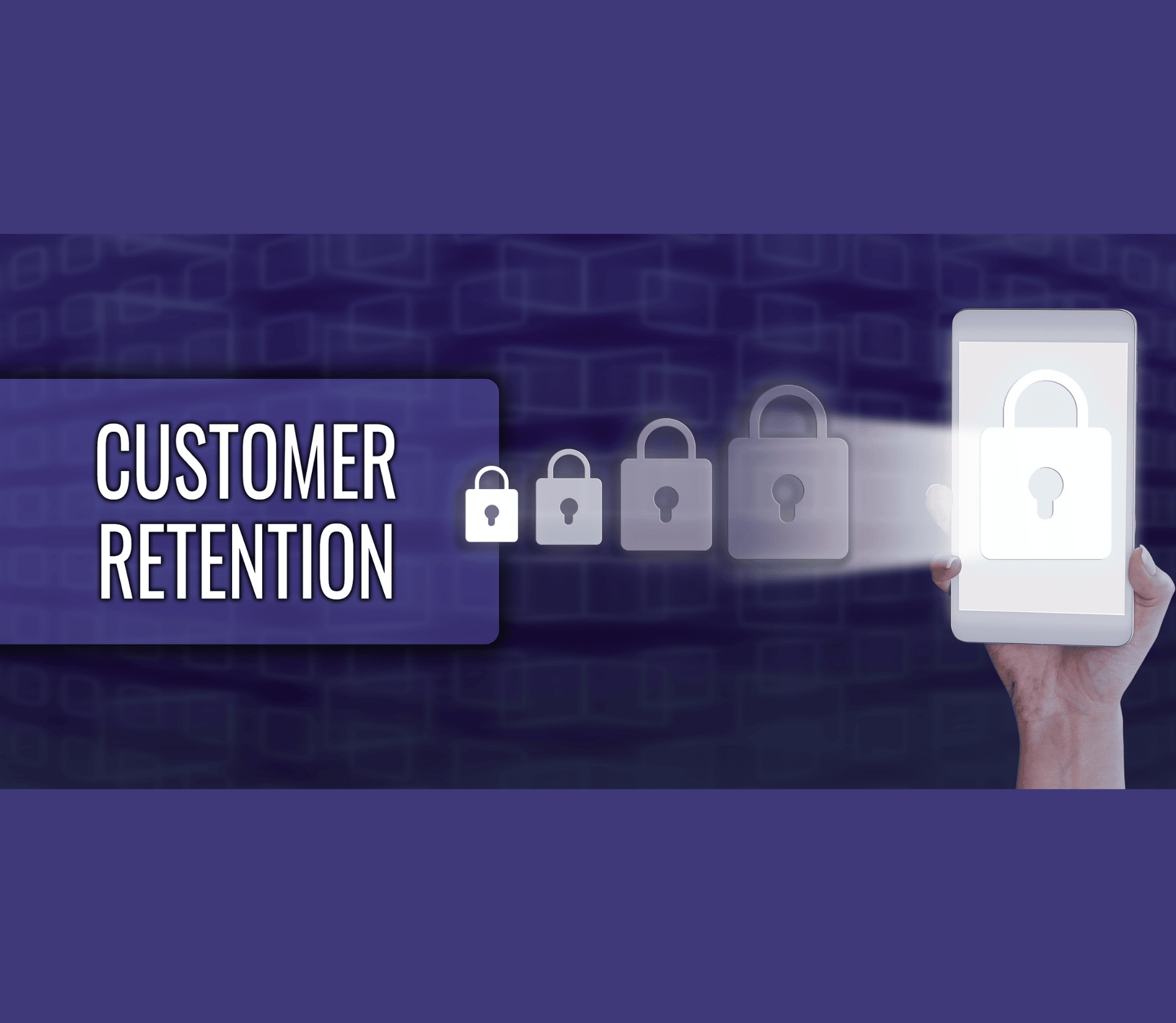 Text: Customer Retention on Purple Background with Five White Locks and a Smartphone