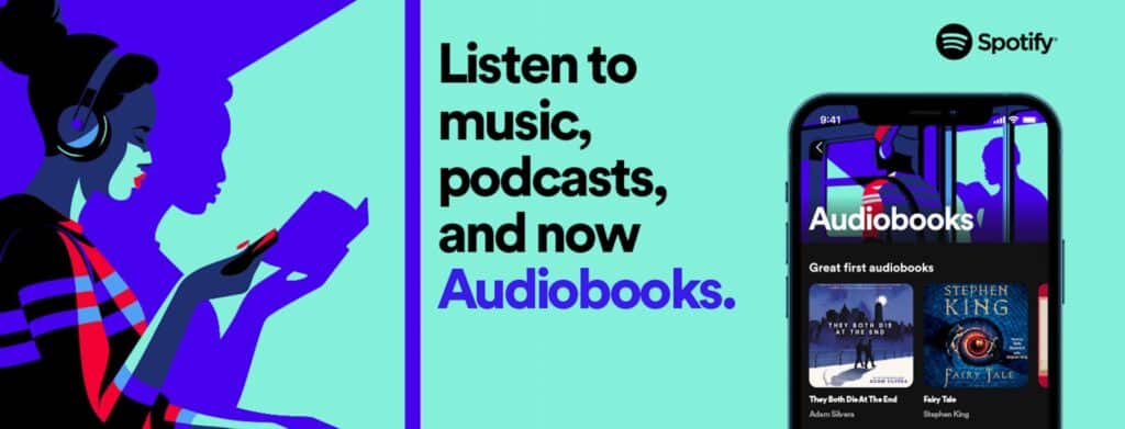 Spotify hero image with sketch of woman listening to an audiobook, next to a screenshot of Spotify's Audiobooks on a smartphone.