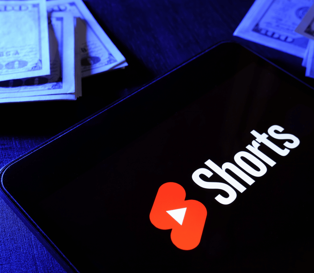 YouTube Shorts logo displayed on a smartphone, lying on a table next to stacks of money