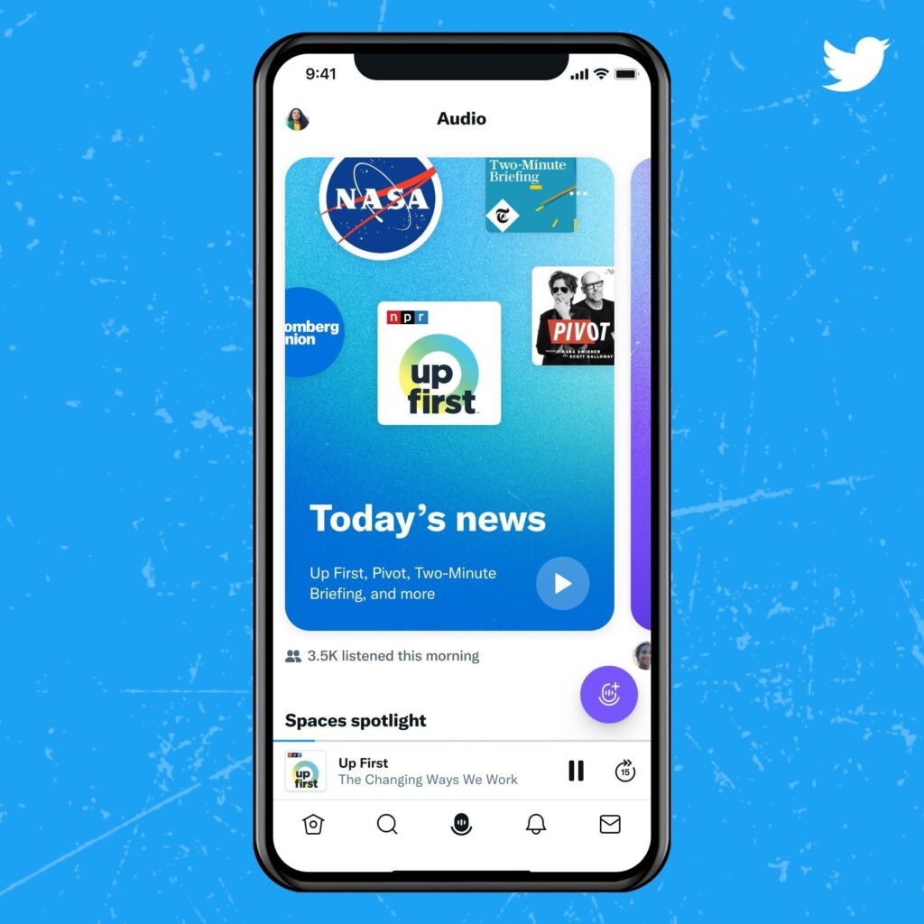 A screenshot of Twitter's podcast hub in Twitter Spaces on blue Twitter background