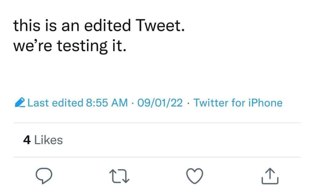 Screenshot of an edited tweet posted by Twitter. It reads "this is an edited tweet. we're testing it."