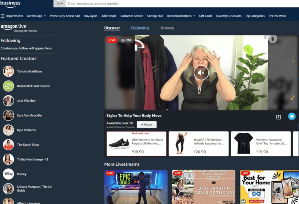 Amazon Live screenshot on 10/05/22 featuring "Styles to Help Your Body Move"