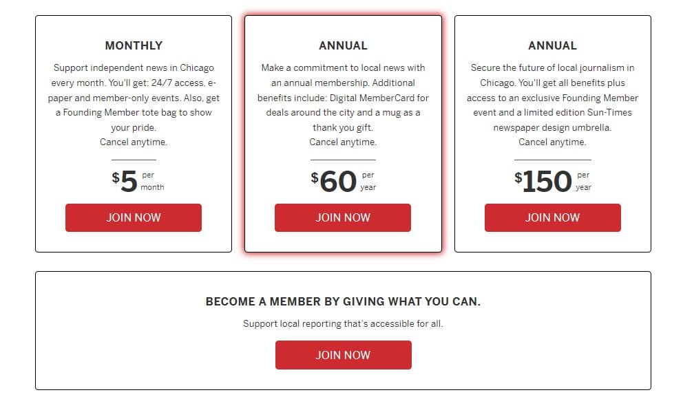 Plan options for The Chicago Sun-Times.
Source: The Chicago Sun-Times membership page