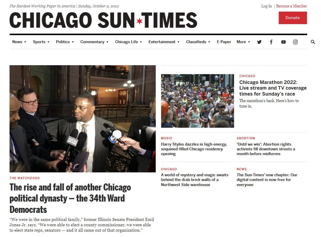 The Chicago Sun-Times home page on Sun., Oct. 9, 2022 featuring the rise and fall of the 34th Ward Democrats.