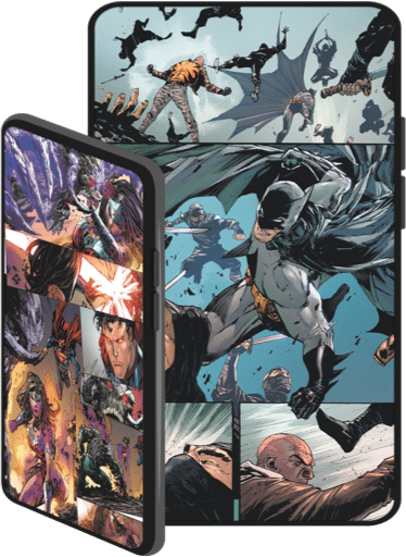 Images of DC Universe characters on a smartphone and a tablet