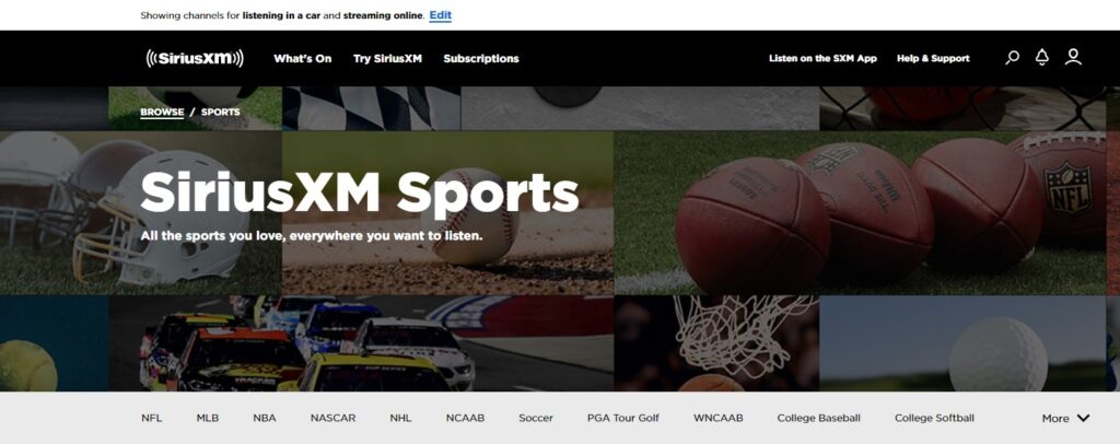 Screenshot of SiriusXM Sports home page on 10/27/22.