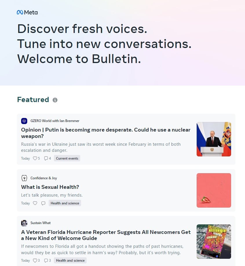 Screenshot of Meta's Bulletin home page as of 10/05/22 featuring stories about Putin, sexual health and Florida hurricanes