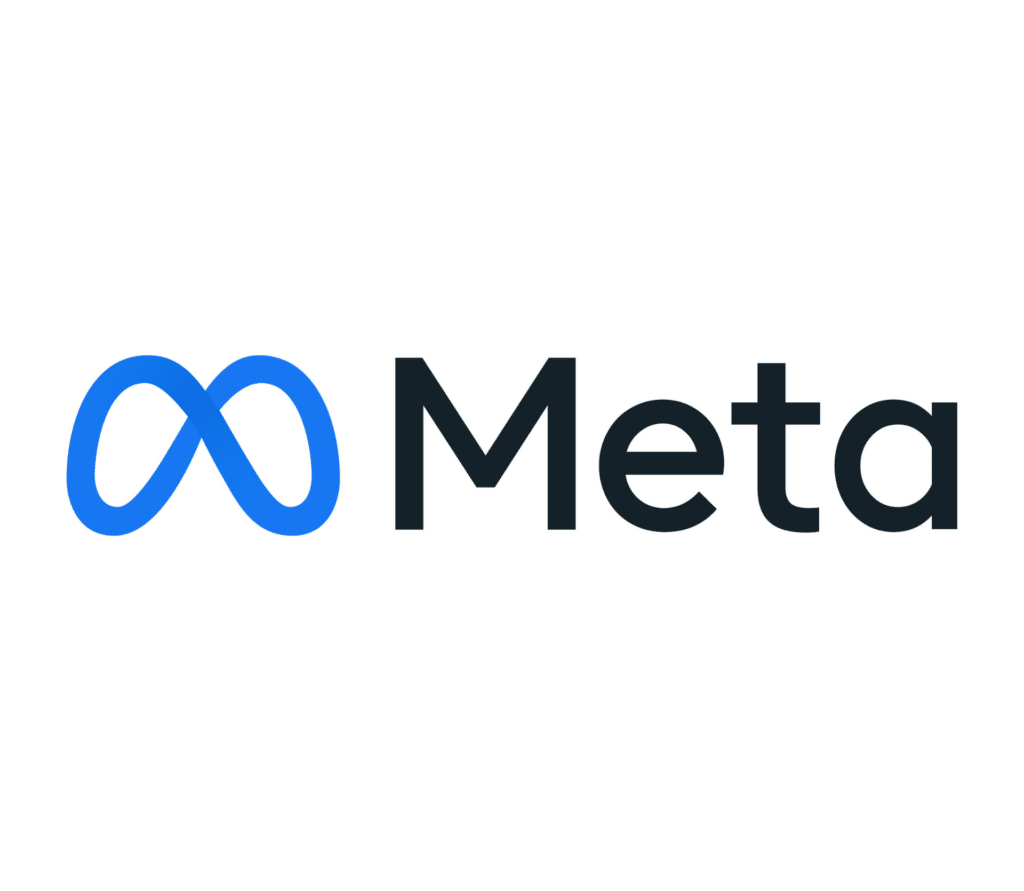 Meta logo and Meta's printed name on white background