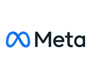 Meta logo and Meta's printed name on white background