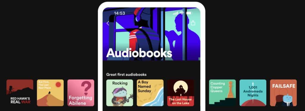 Screenshot of home screen of Spotify's Time to Play Fair page, featuring several audiobook titles.